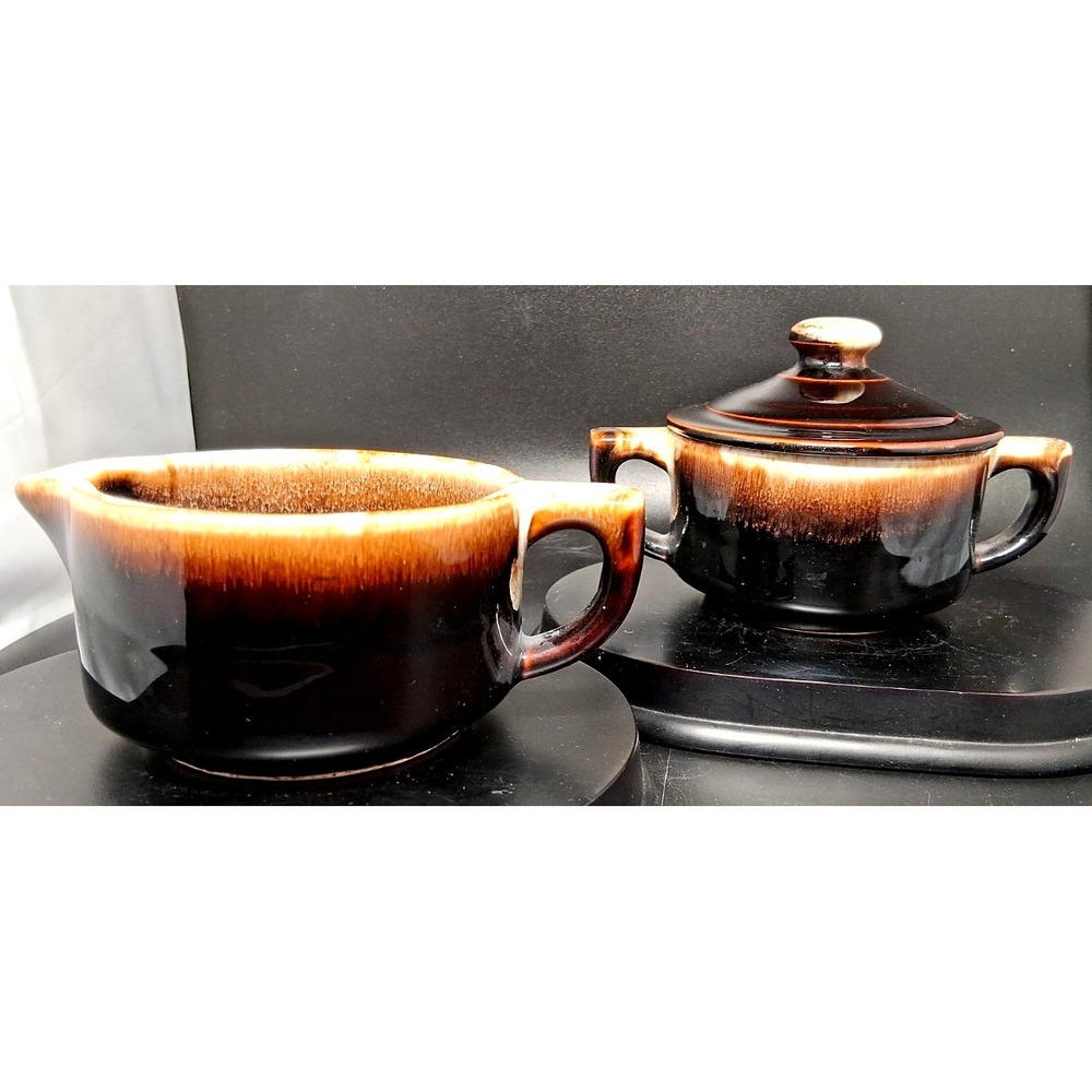 Vintage Pfaltzgraff Gourmet Brown Drip‎ Glaze Creamer, Sugar Set w/ Lid, #24,#23